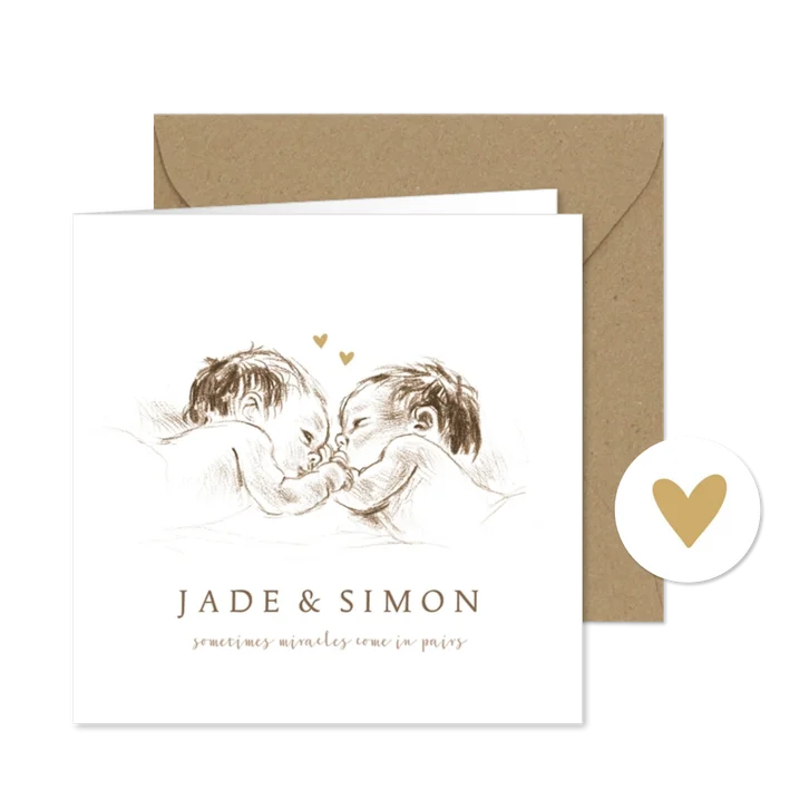 Geboortekaartje - pentekening tweeling baby's in bruindruk