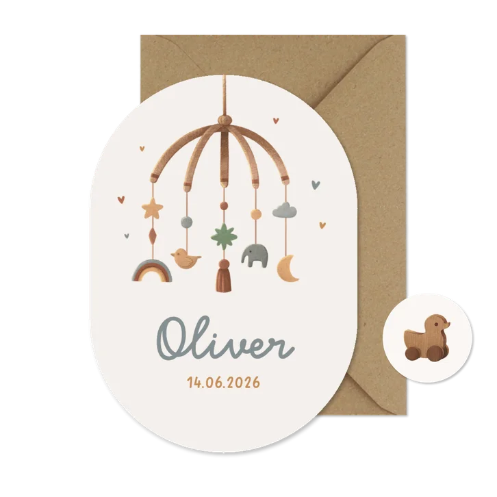 Geboortekaartje pilvorm vintage mobiel dieren regenboog