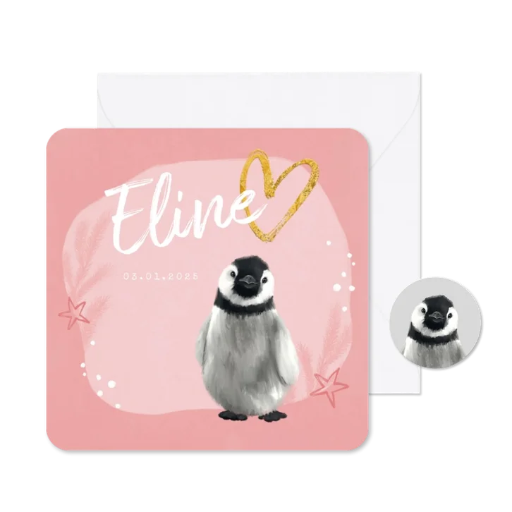 Geboortekaartje pinguin meisje sterren hartje goud