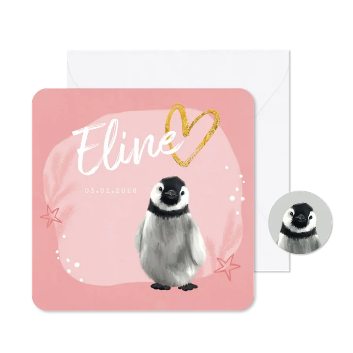 Geboortekaartje pinguin meisje sterren hartje goud