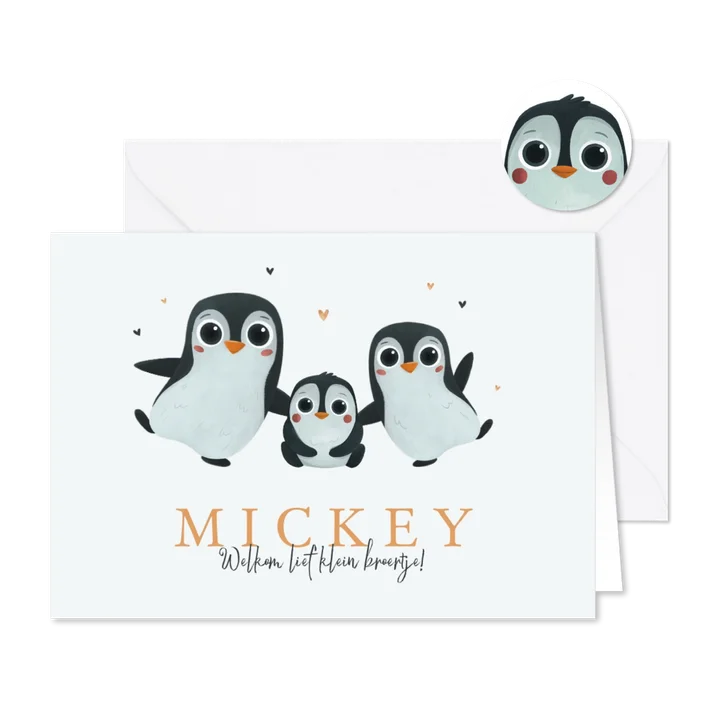 Geboortekaartje pinguïns derde kindje hartjes lief 