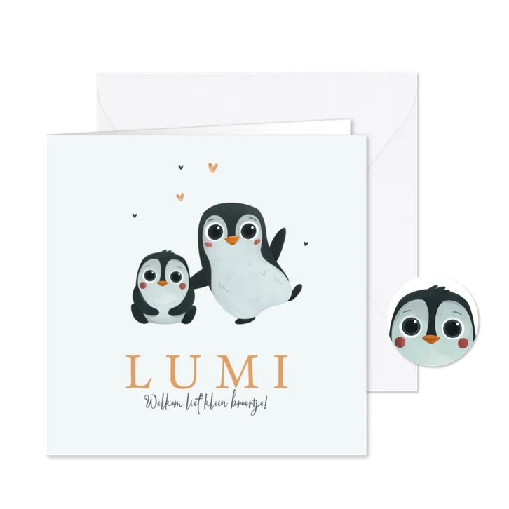 Geboortekaartje Pinguïns schattig dieren hartjes goud