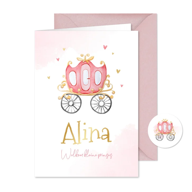 Geboortekaartje prinsessenkoets sprookje hartjes meisje