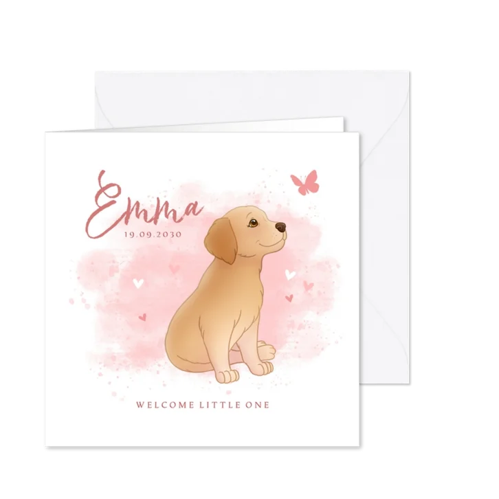 Geboortekaartje puppy roze achtegrond met hartjes vlinder