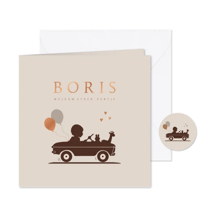 Geboortekaartje retro auto met ballonnen jongen