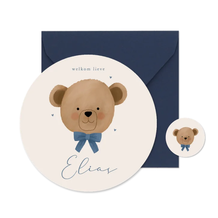 Geboortekaartje rond teddybeer met blauwe strik