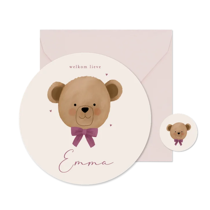 Geboortekaartje rond teddybeer met paarse strik