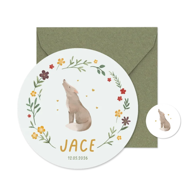 Geboortekaartje rond wolfje bloemen vogel lief lente