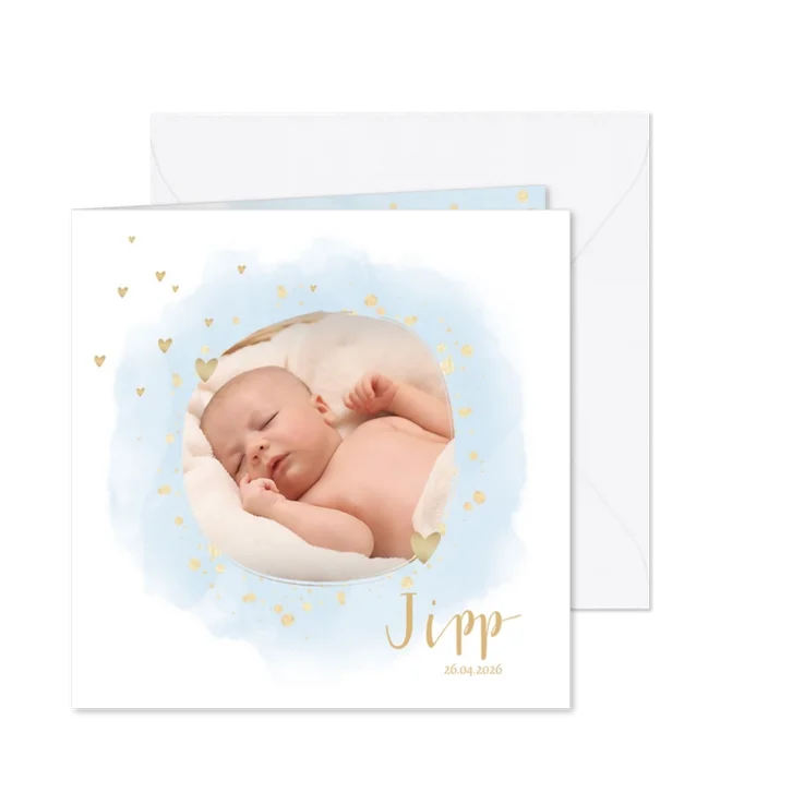 Geboortekaartje ronde foto hartjes waterverf lichtblauw