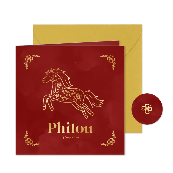 Geboortekaartje rood met gouden paard Chinees sterrenbeeld