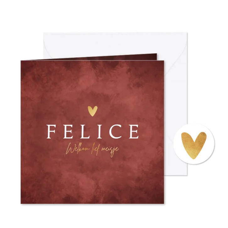 Geboortekaartje rood stijlvol goud hartje meisje