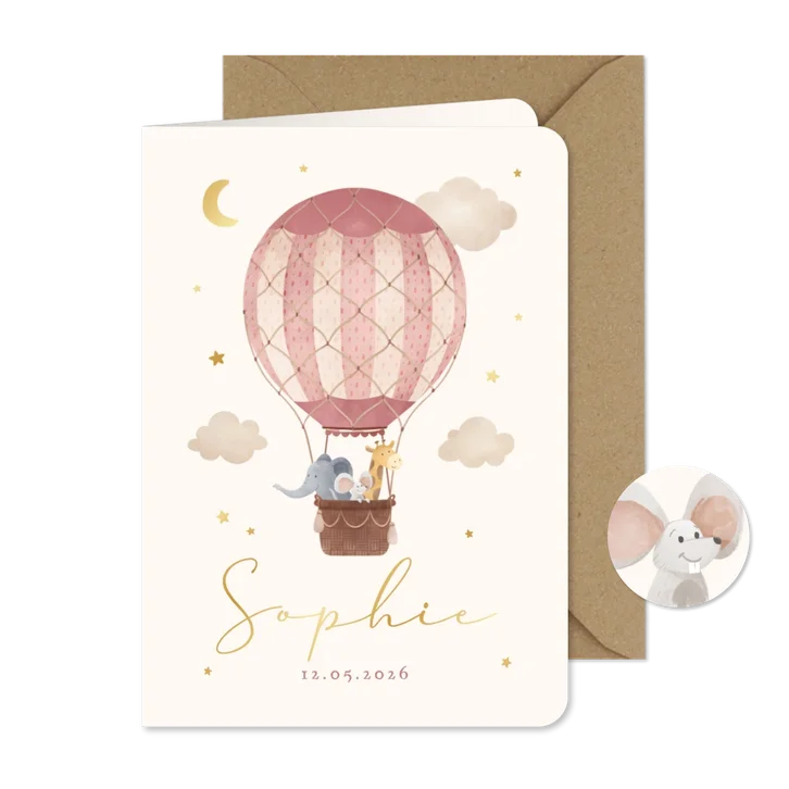 Geboortekaartje roze dieren luchtballon vintage sterren