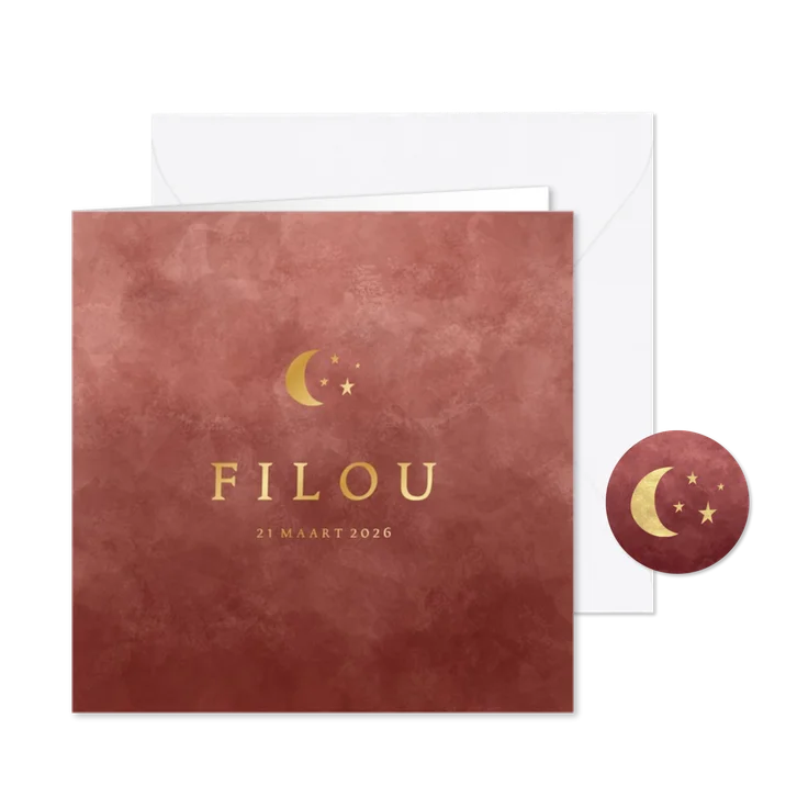 Geboortekaartje roze met foliedruk sterren en maantje