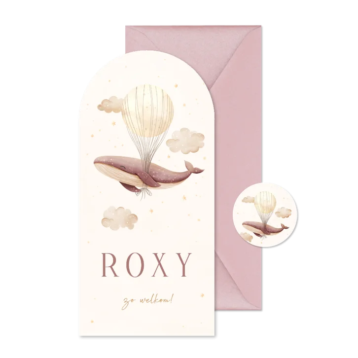 Geboortekaartje roze walvis boog met sterren en maan