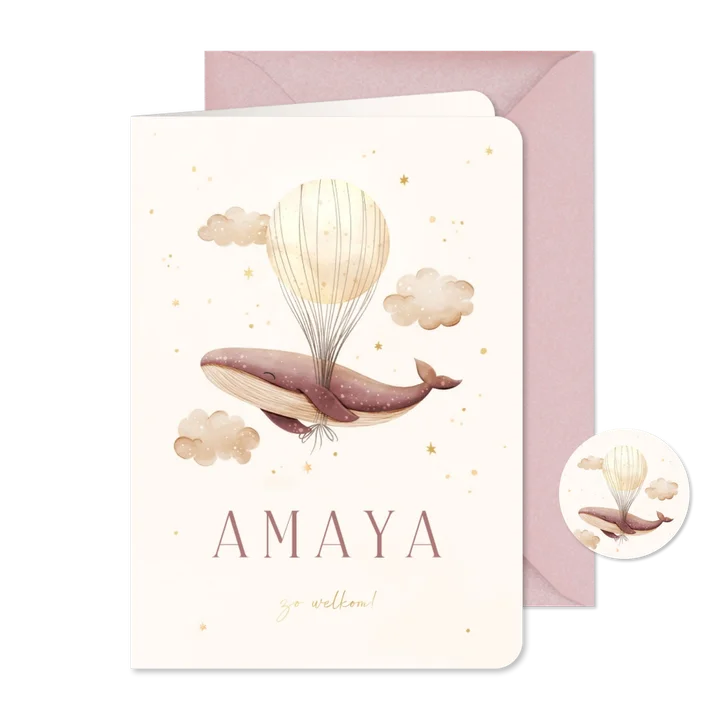 Geboortekaartje roze walvis met maan en foliedruk sterren