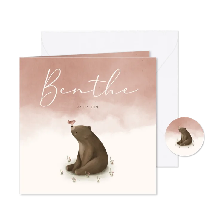 Geboortekaartje roze waterverf met een beer en vogeltje