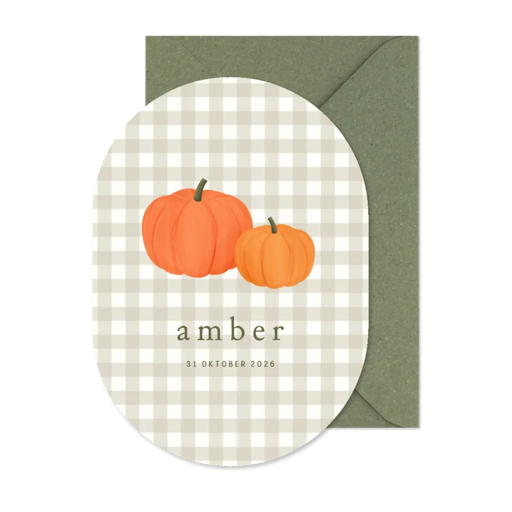 Geboortekaartje ruitjes pompoen herfst ovaal