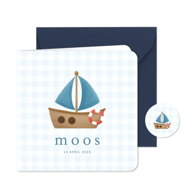 Geboortekaartje ruitjespatroon blauw met zeilbootje