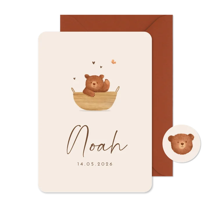 Geboortekaartje schattig beertje unisex hartjes beige