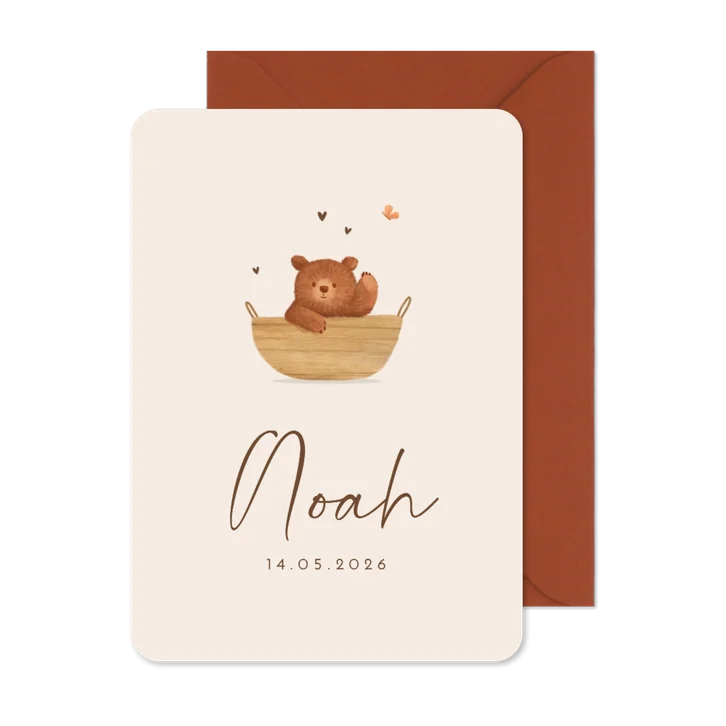 Geboortekaartje schattig beertje unisex hartjes beige