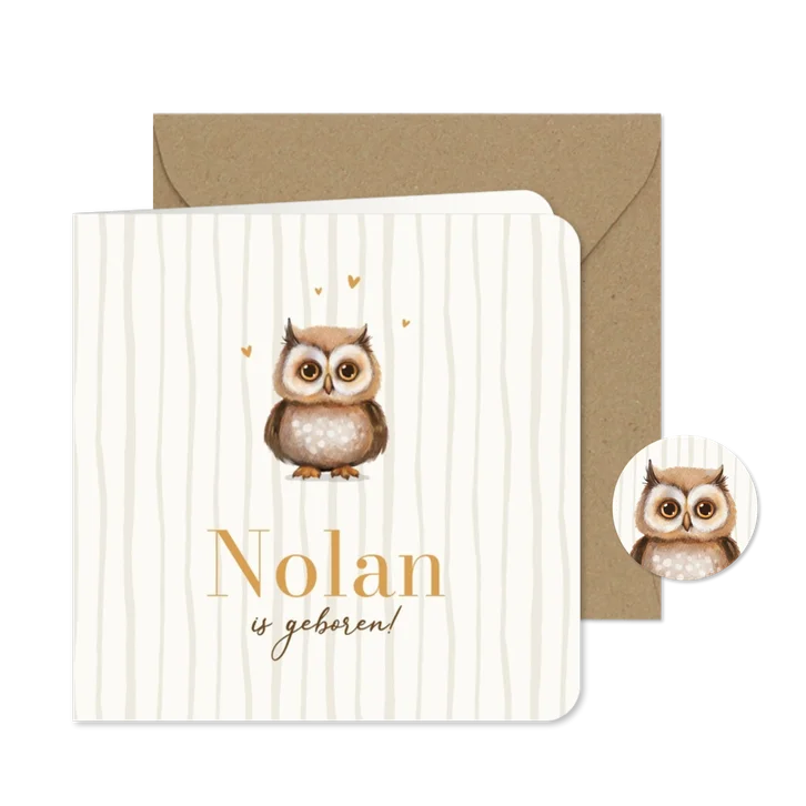 Geboortekaartje schattig uiltje beige lief gestreept
