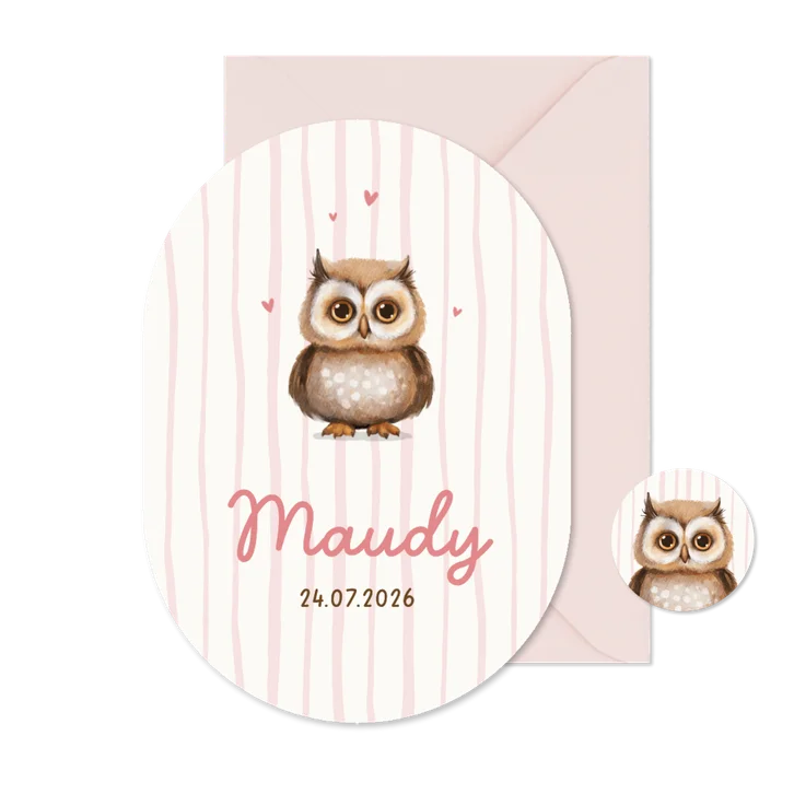Geboortekaartje schattig uiltje pilvorm gestreept dieren