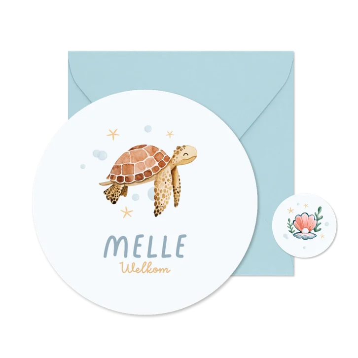 Geboortekaartje schildpad onderwater zee cirkelvorm