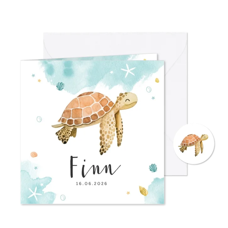 Geboortekaartje schildpad waterverf lief zeesterren krab