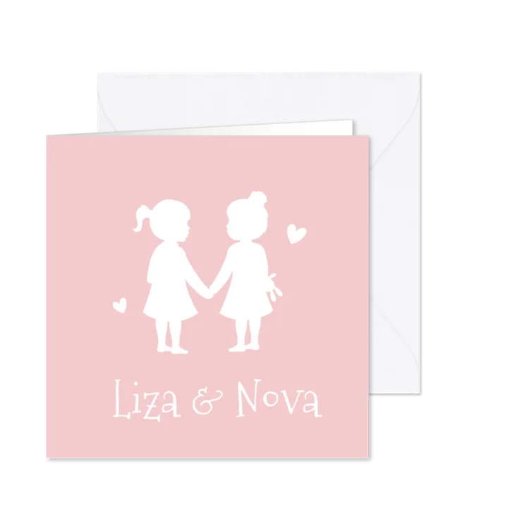 Geboortekaartje silhouet 2 meisjes tweeling kleur aanpasbaar