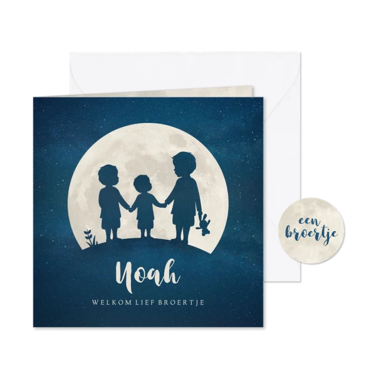 Geboortekaartje silhouet 3 broers hand in hand in volle maan