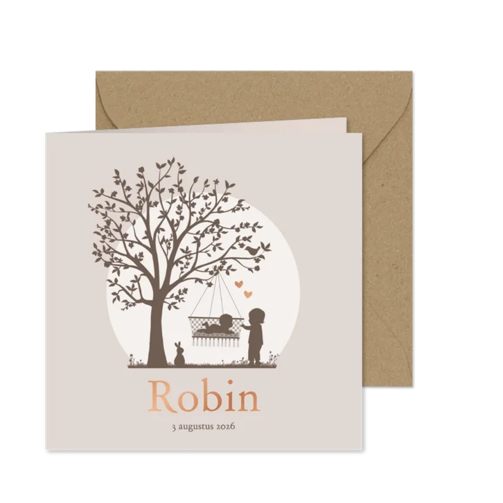 Geboortekaartje silhouet baby in hangschommel en broertje