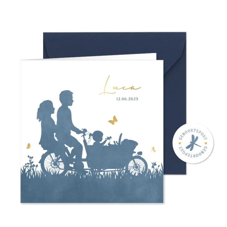 Geboortekaartje silhouet bakfiets met grote zus 