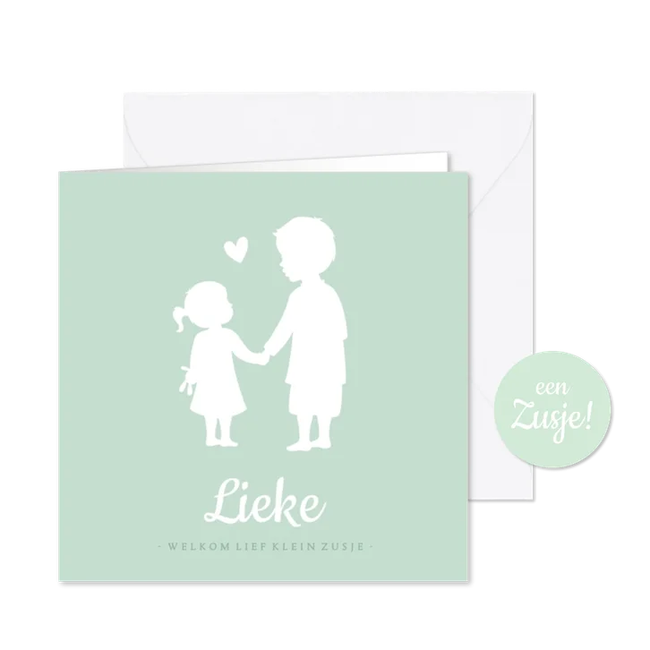 Geboortekaartje silhouet broer en zusje hand in hand
