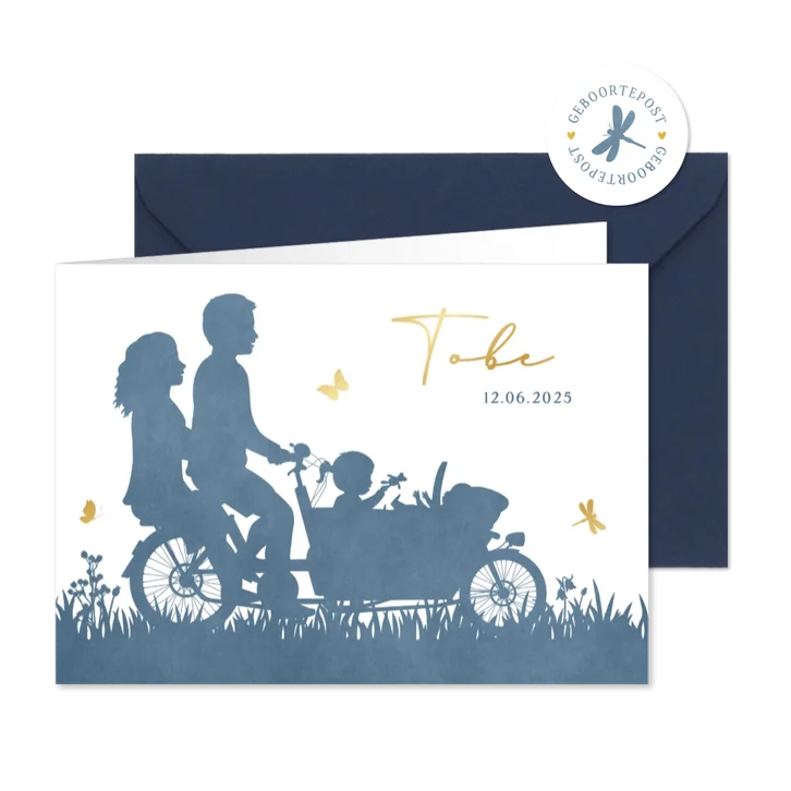 Geboortekaartje silhouet broertje met grote zus in bakfiets