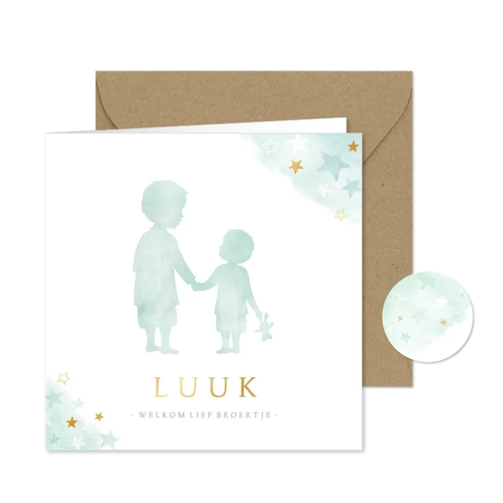 Geboortekaartje silhouet grote en kleine broer waterverf