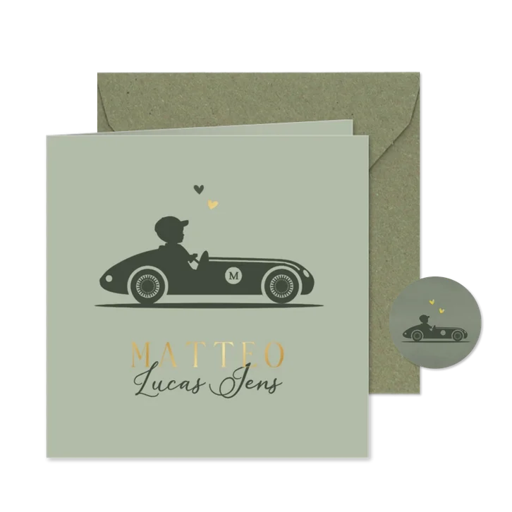 Geboortekaartje silhouet jongen raceauto met baby jongen 