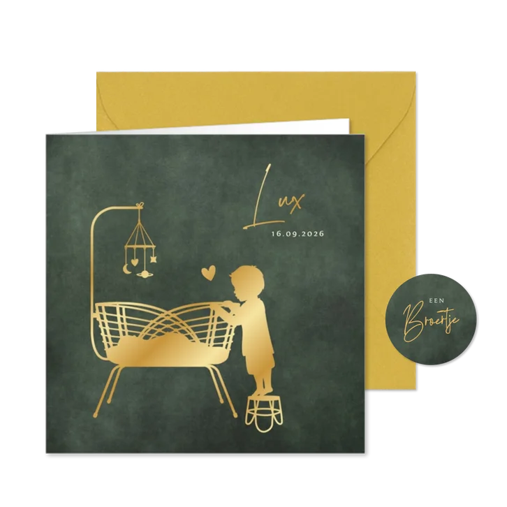 Geboortekaartje silhouet met grote broer bij wiegje broertje