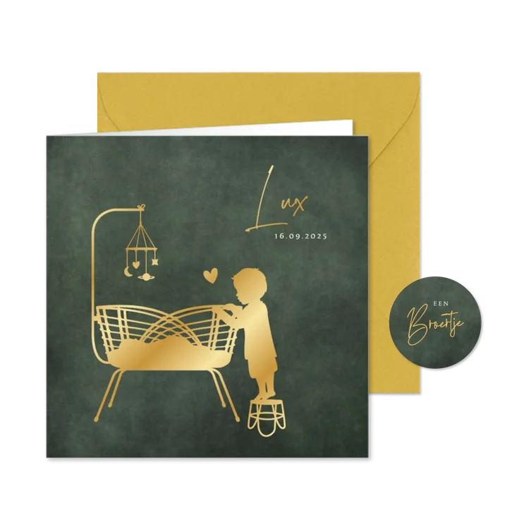 Geboortekaartje silhouet met grote broer bij wiegje broertje