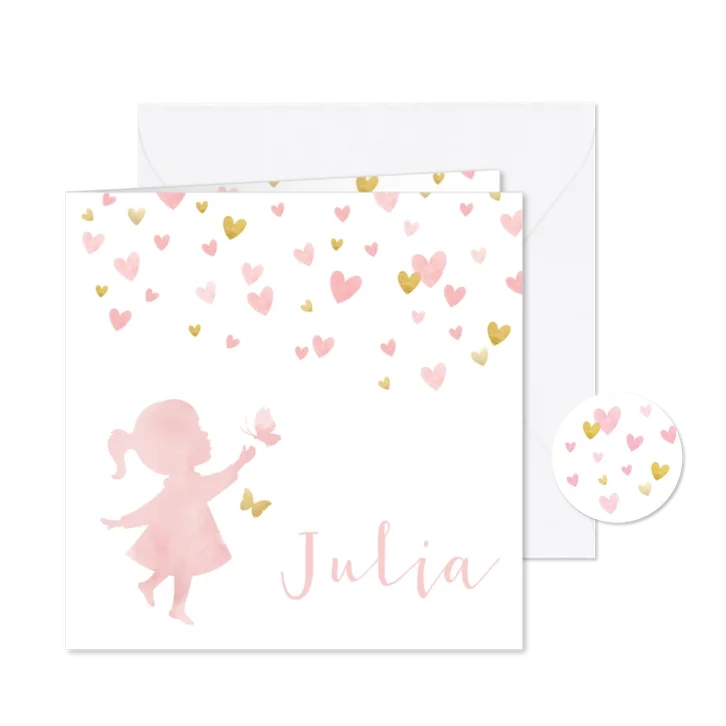 Geboortekaartje silhouet met vlinders waterverf roze en goud