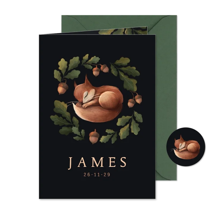 Geboortekaartje slapend eekhoorntje in herfstbladeren blauw