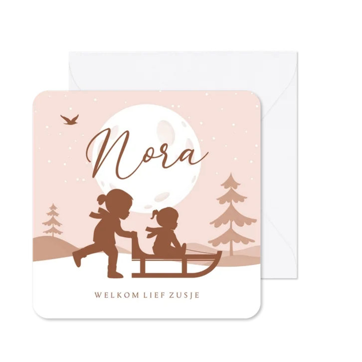 Geboortekaartje slee sneeuw winter silhouet maan zusje
