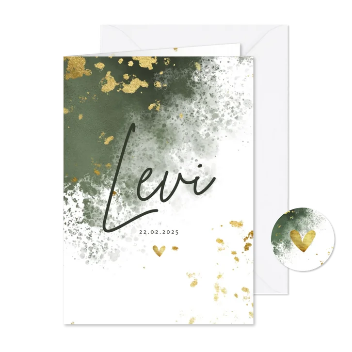 Geboortekaartje spetters goud met groene waterverf