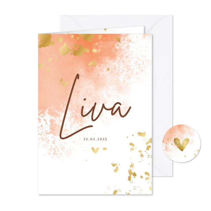 Geboortekaartje spetters goud met zalmroze waterverf