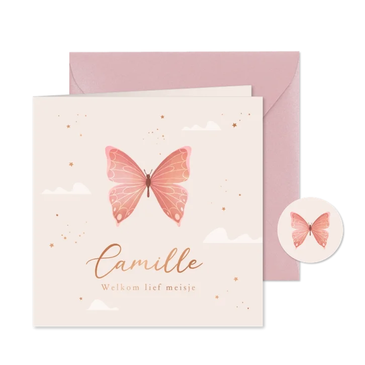 Geboortekaartje sprookje vlinder meisje wolken sterren