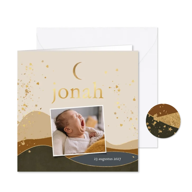 Geboortekaartje stijlvol bergen goudfolie maan foto