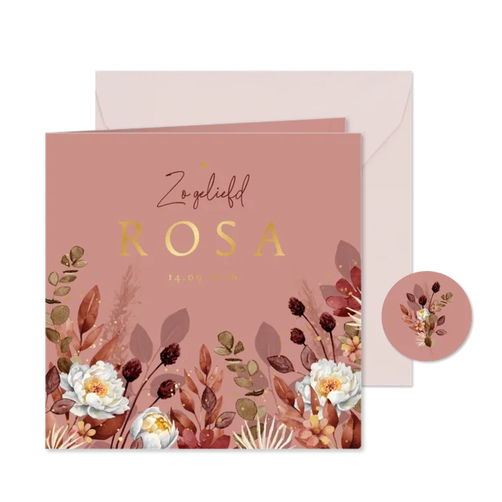 Geboortekaartje stijlvol bloemen oudroze goud waterverf