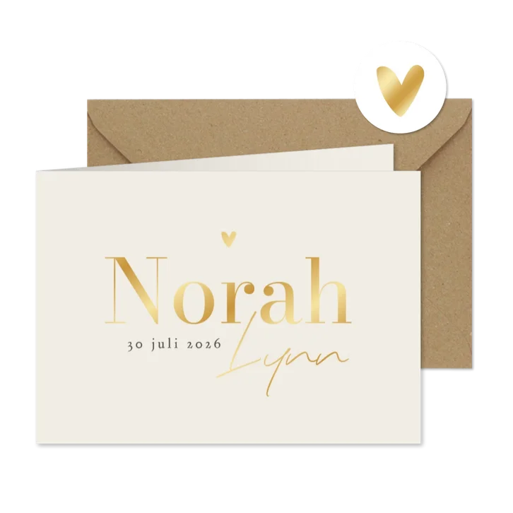 Geboortekaartje stijlvol goud hartje zandkleurig