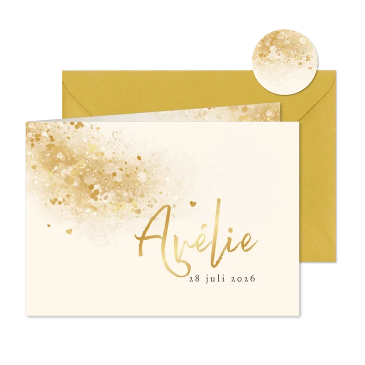 Geboortekaartje stijlvol hartjes goud spetters waterverf