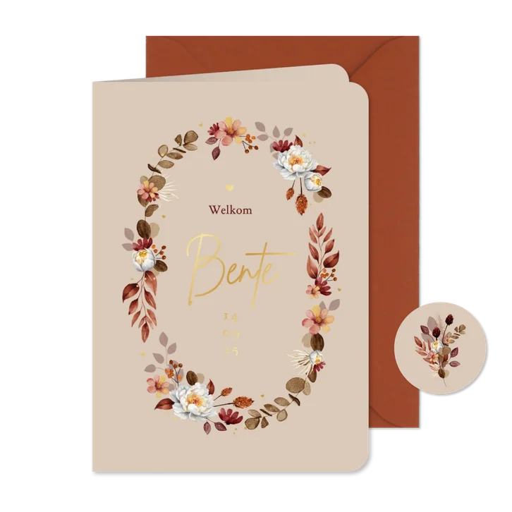 Geboortekaartje stijlvol klassiek bloemen goud hartjes zand