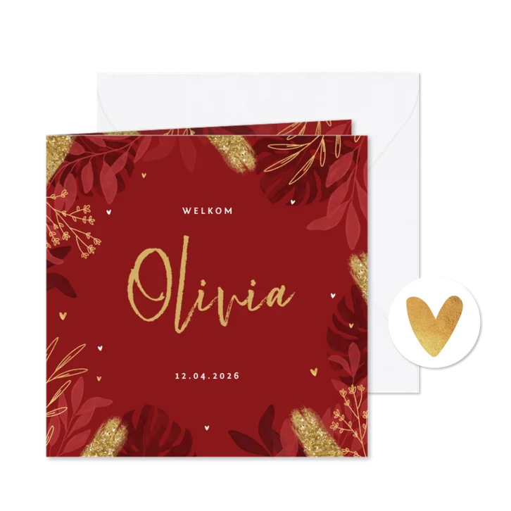 Geboortekaartje stijlvol rood bladeren goud hartjes